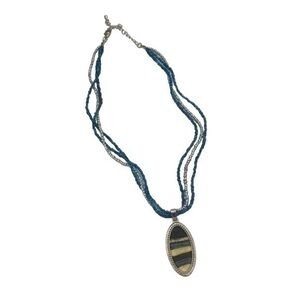 NECKLACE blue & silver beaded  with oval pendant